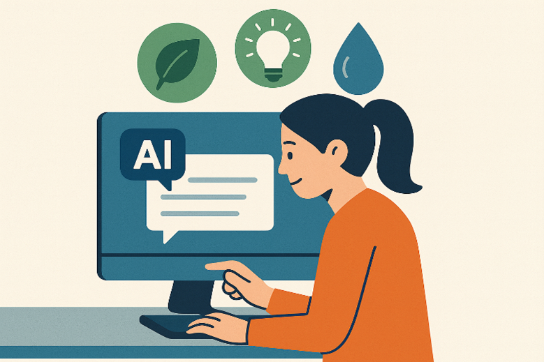 Illustration of a person sitting at a desk and interacting with an AI chatbot on a computer screen. Above the user’s head are icons representing a leaf, a light bulb, and a water droplet, symbolizing awareness of energy use, environmental impact, and resource consumption associated with large language models.