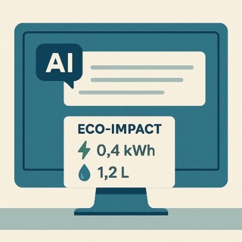 Illustration of a computer screen displaying an LLM-based chat interface with an overlay labeled “Eco-Impact,” showing energy and water usage values. The image visualizes feedback about the environmental cost of an AI interaction.